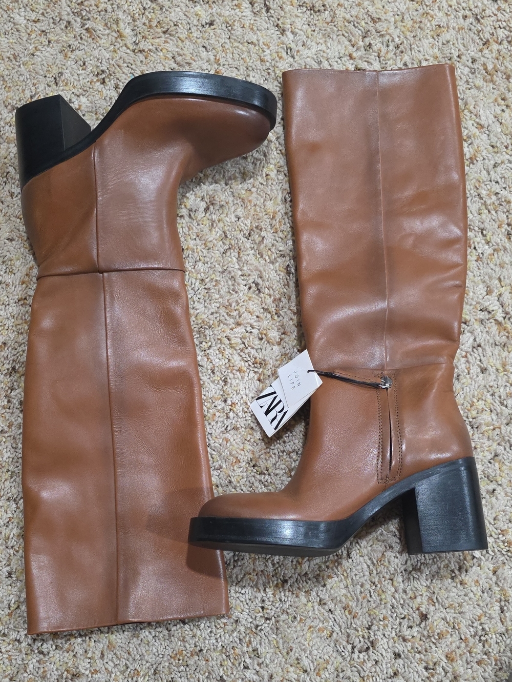 Zara Brown Leather Knee-High Block Heel Boots